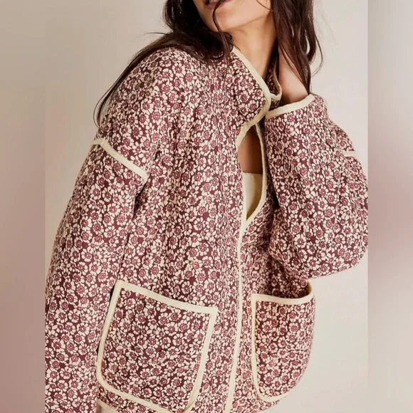 Floral Print Cropped Quilted Jacket Cardigan Open Front Padded Lightweight Coat - Picture 1 of 4